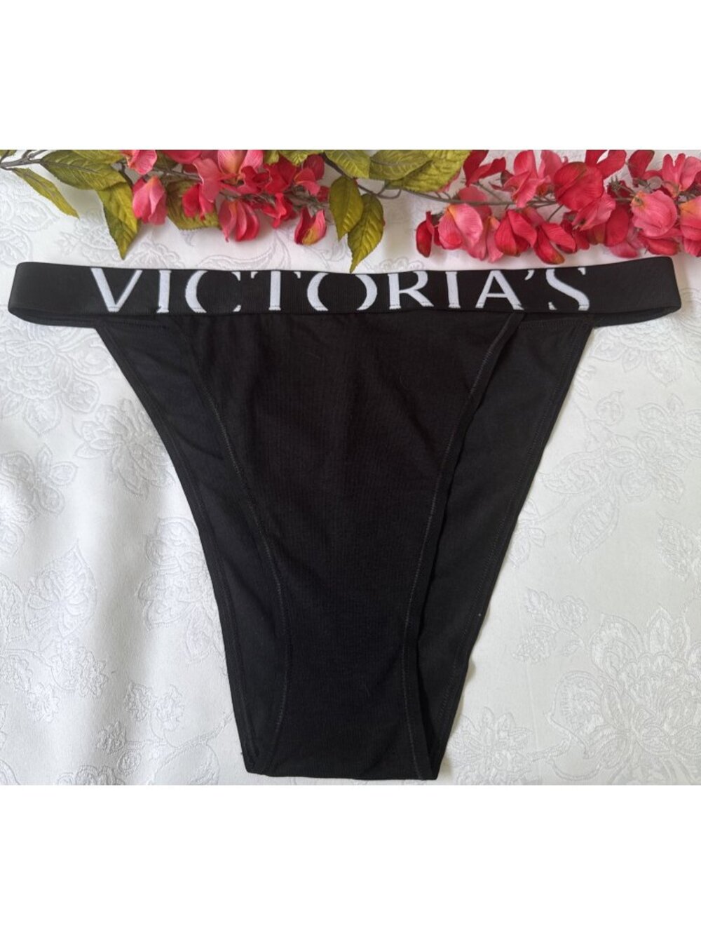 VICTORIA'S SECRET XL HI LEG FRENCH CUT BLACK WHITE LOGO WIDE BAND PANTIES NWT